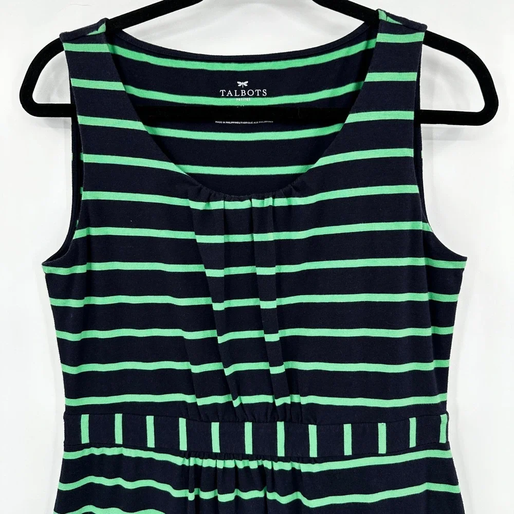 Talbots Petites Navy Green Striped Maxi Dress MP Empire Waist Sleeveless Cotton